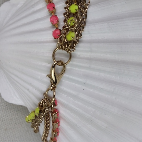 Hot Pink & Lime Green Rhinestone-Set Gold Tone Multi-Chain Boho Necklace - Picture 9 of 9